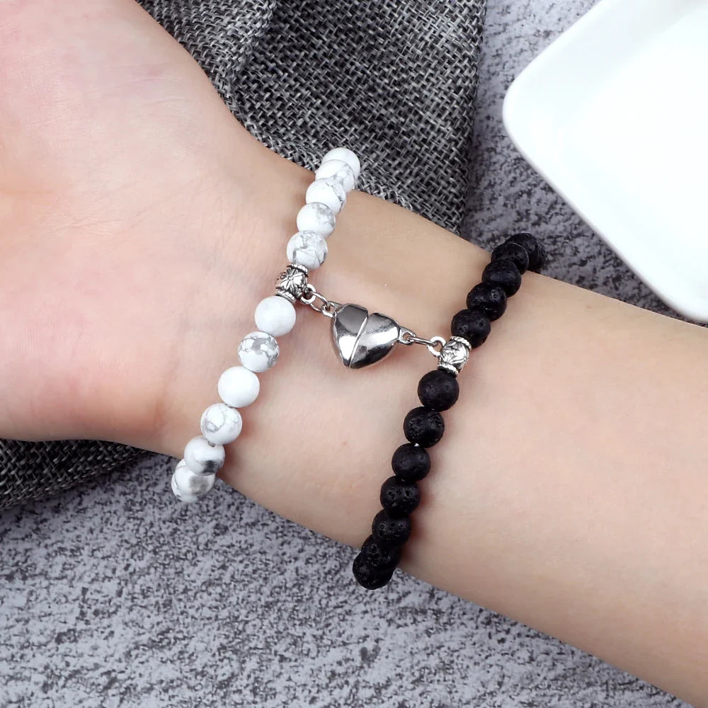 Couples Bracelets Magnetic Cuff White and Black Beads