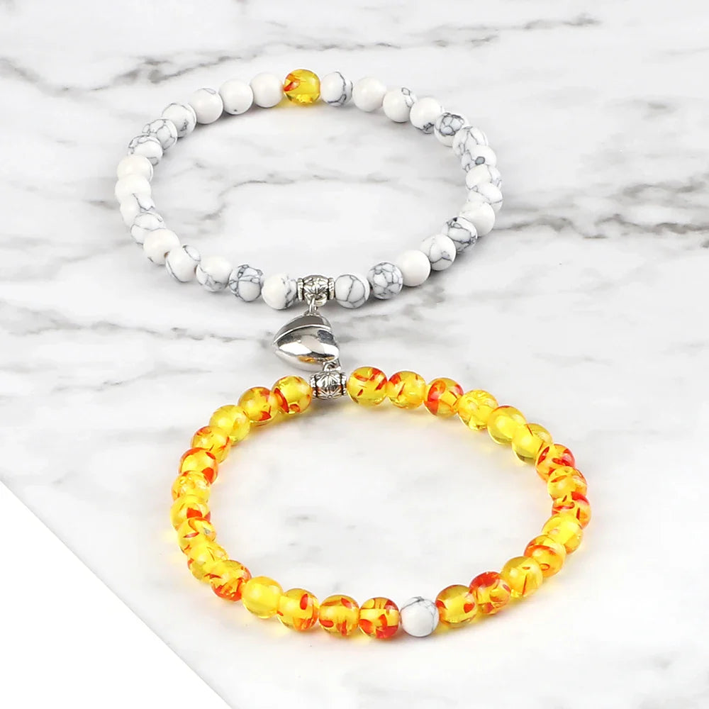 Couples Bracelets Magnetic Cuff White and Sunstone Beads