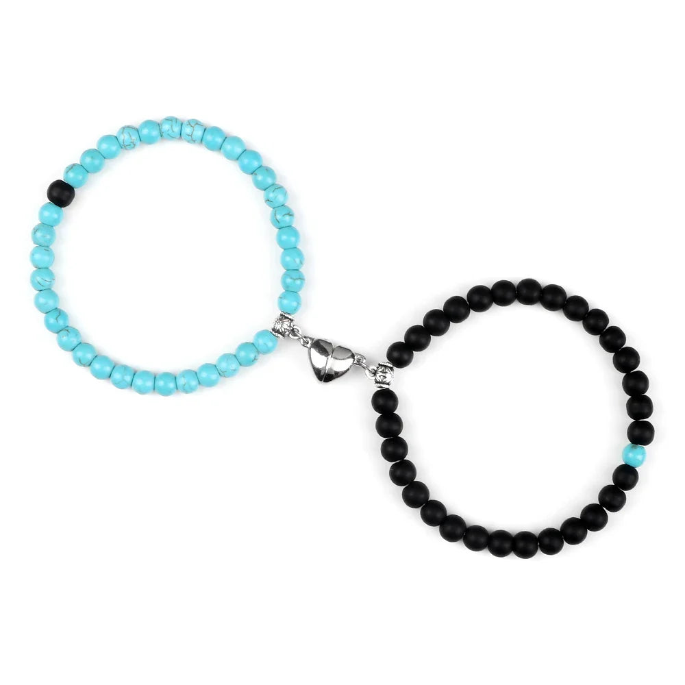 Couples Bracelets Magnetic Cuff Sky Blue and Black Beads