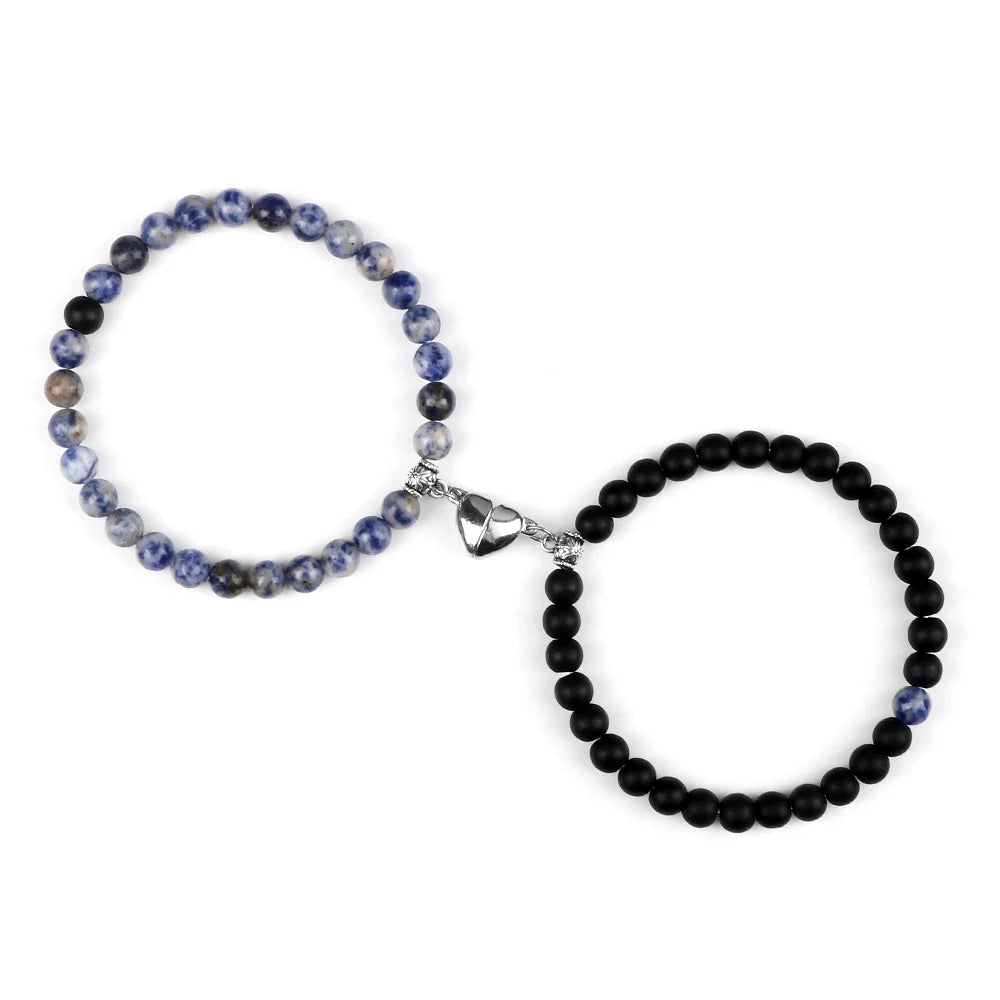 Couples Bracelets Magnetic Cuff Blue Gray and Black Beads
