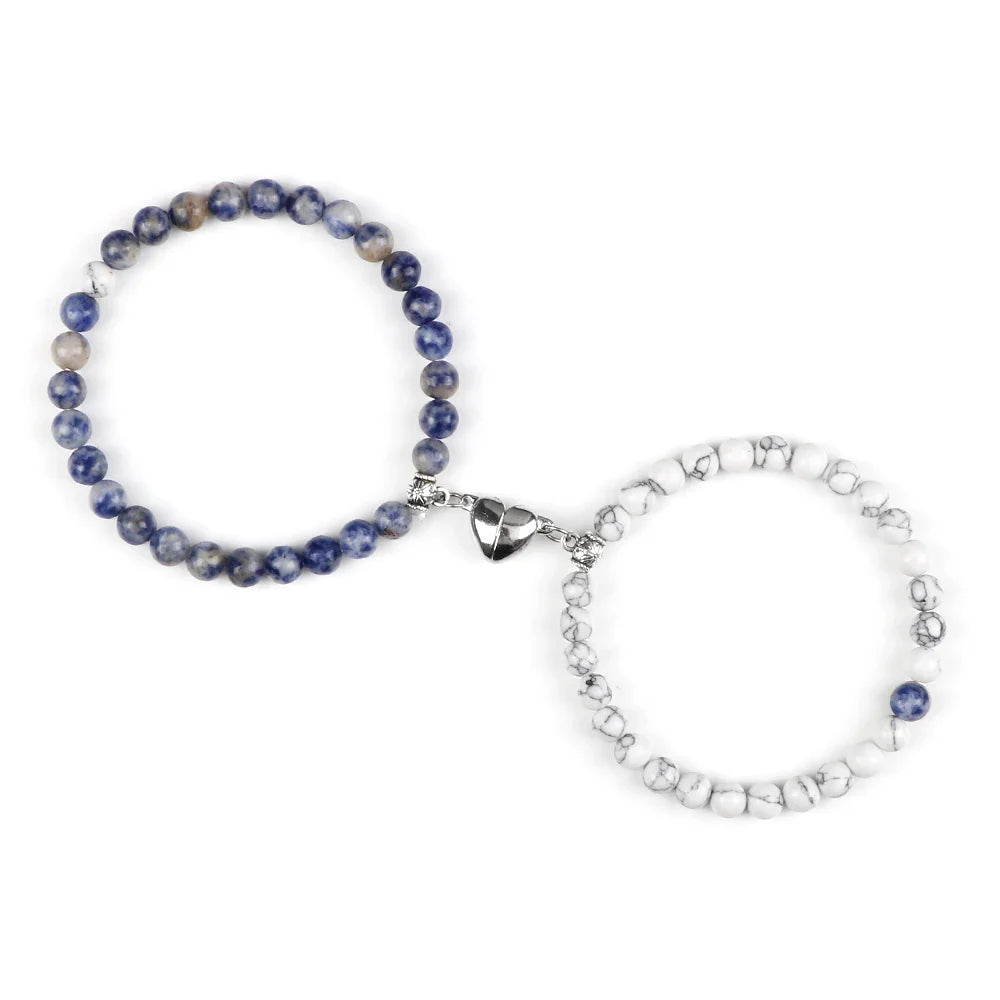 Couples Bracelets Magnetic Cuff Blue Gray and White Beads