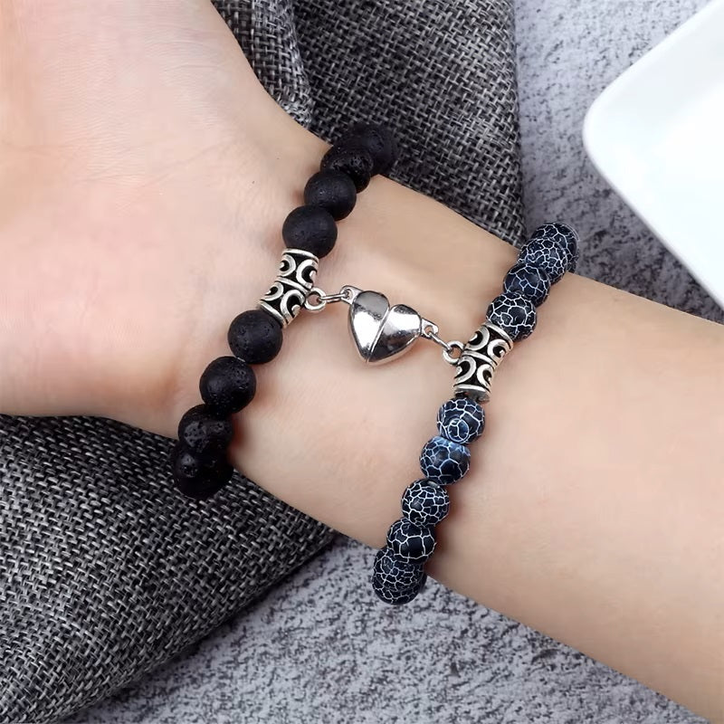 Couples Bracelets Magnetic Cuff Black and Gray Beads