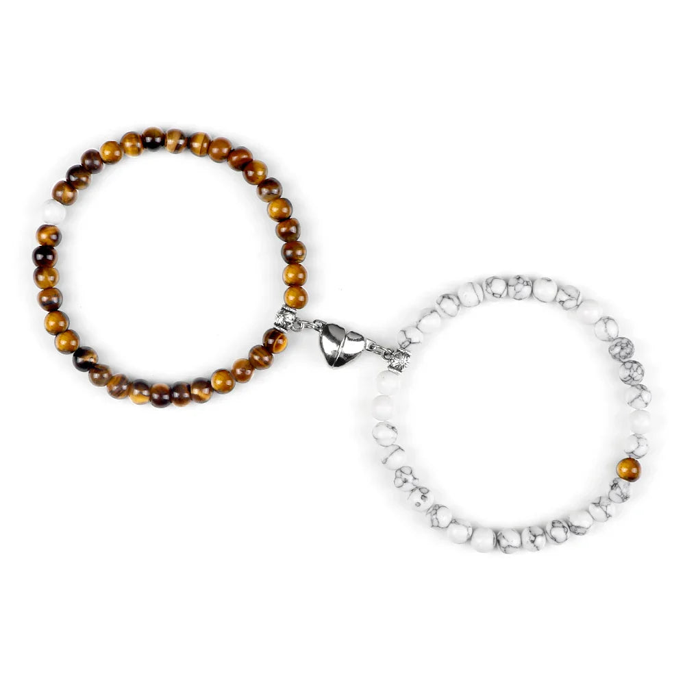 Couples Bracelets Magnetic Cuff Tiger Eye and White Beads