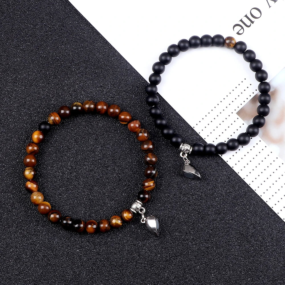 Couples Bracelets Magnetic Cuff Tiger Eye and Black Beads
