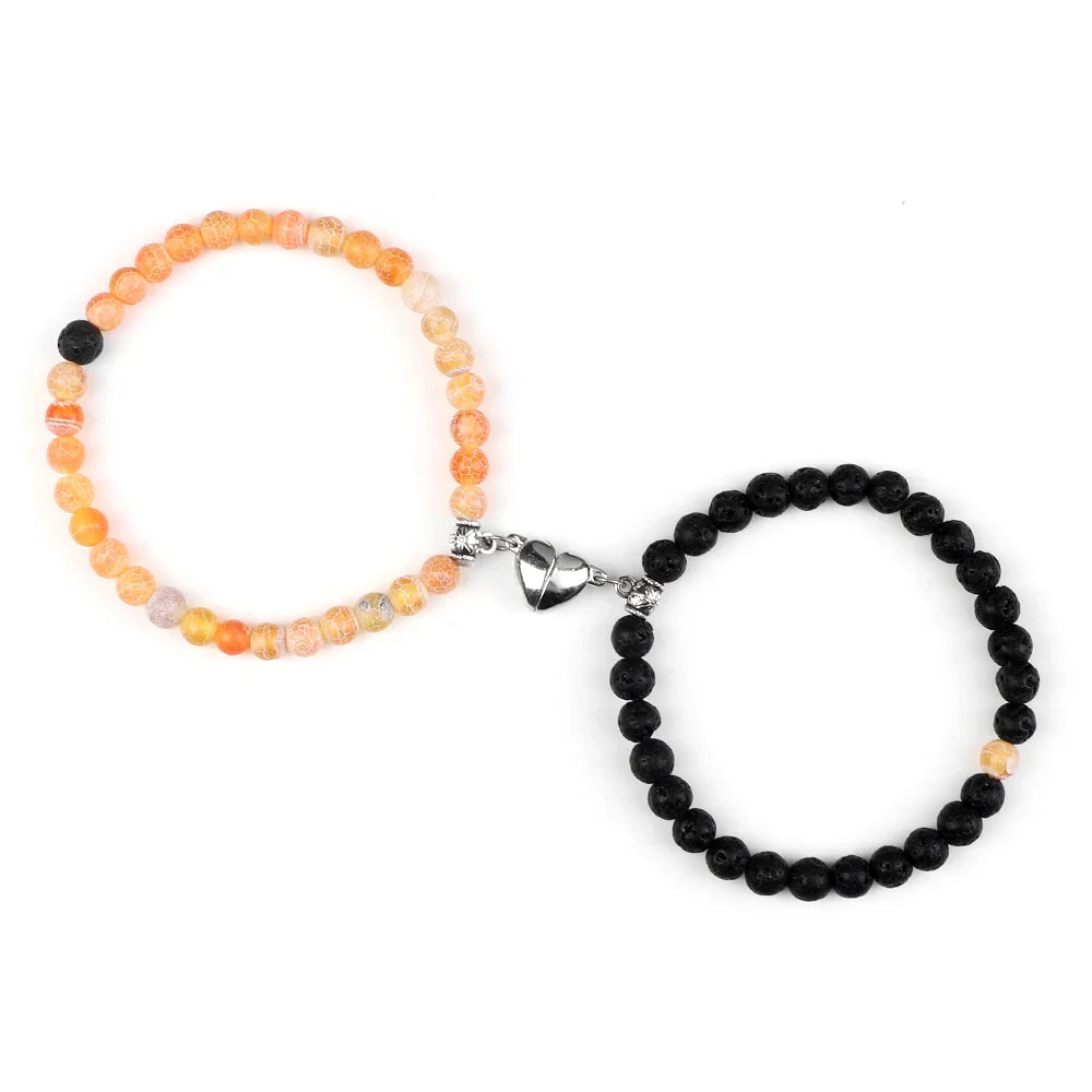 Couples Bracelets Magnetic Cuff Sunstone and Black Beads