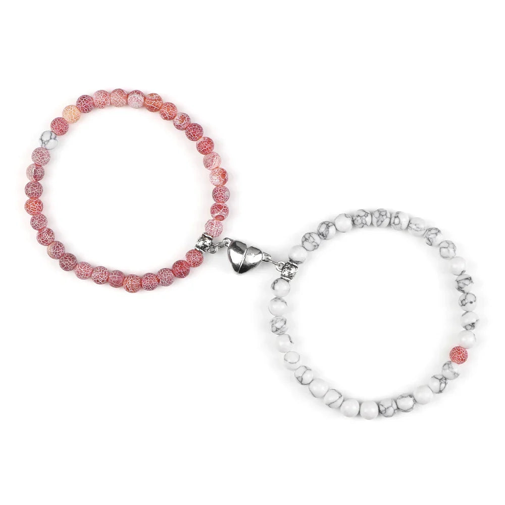 Couples Bracelets Magnetic Cuff Pink and White Beads