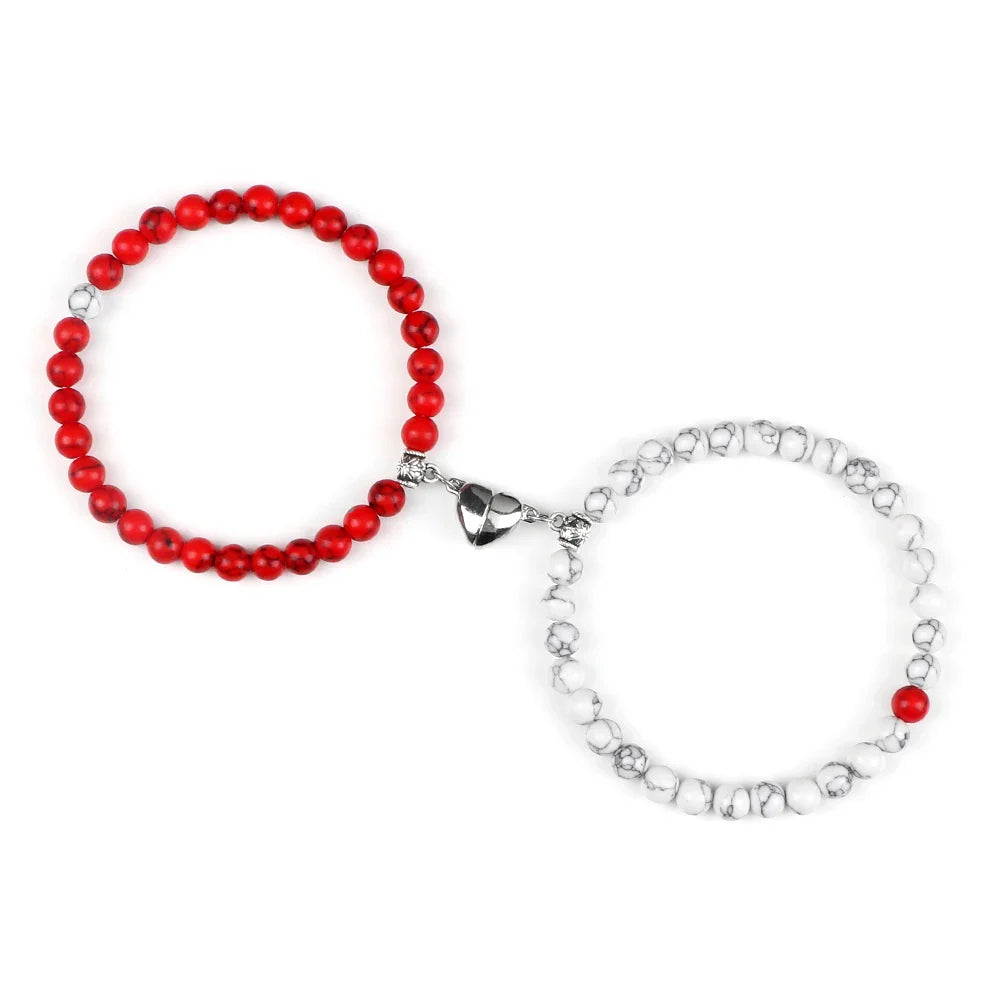 Couples Bracelets Magnetic Cuff Red and White Beads