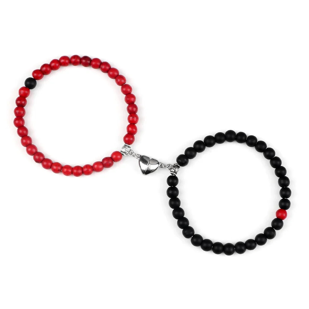 Couples Bracelets Magnetic Cuff Red and Black Beads
