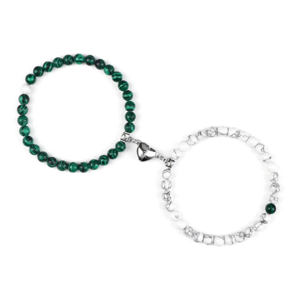 Couples Bracelets Magnetic Cuff Green and White Beads
