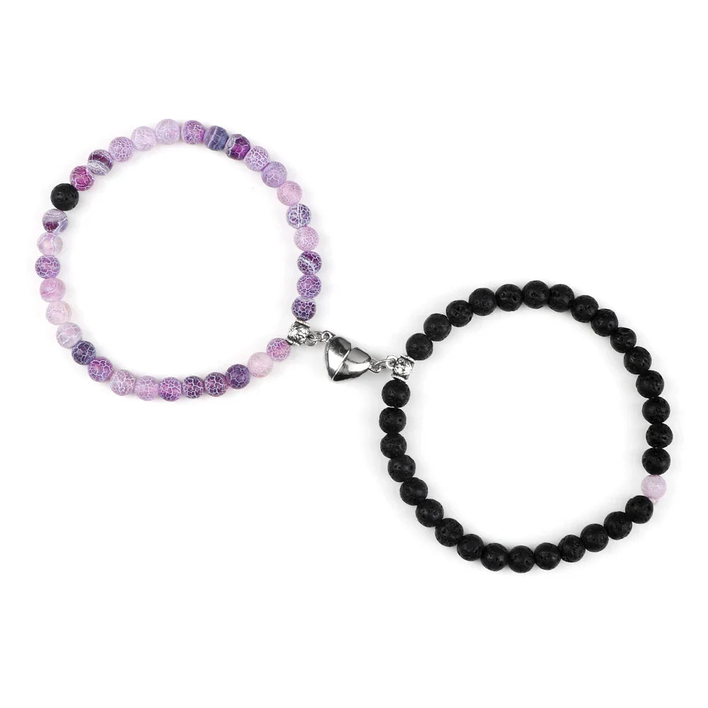 Couples Bracelets Magnetic Cuff Purple and Black Beads