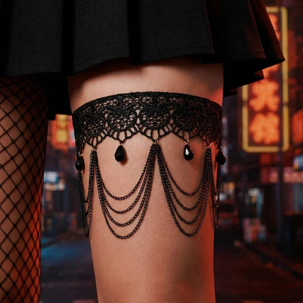 Black lace thigh chain - women's leg jewelry