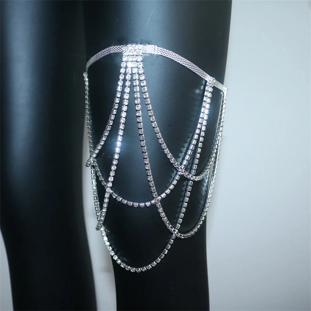 Rhinestone thigh chain - women's leg jewelry silver
