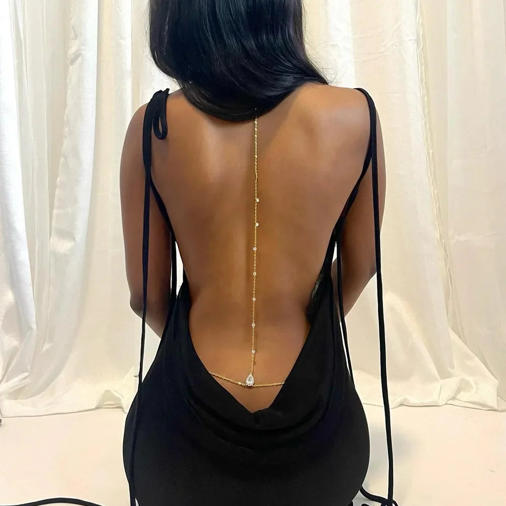 Back Necklace Chain Ornamental Backpiece for Women 7 Beads Gold