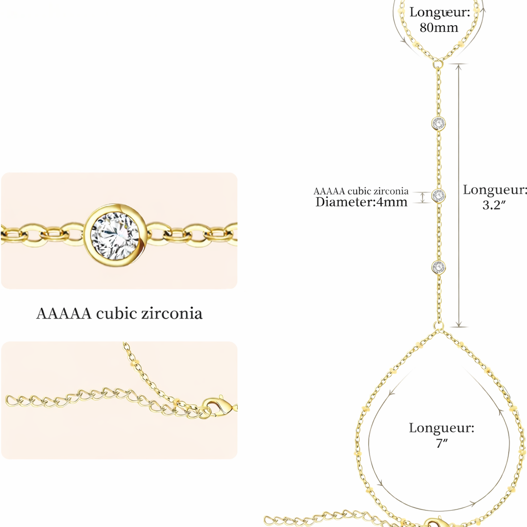 Hand and finger chain with zircons - women's hand bracelet