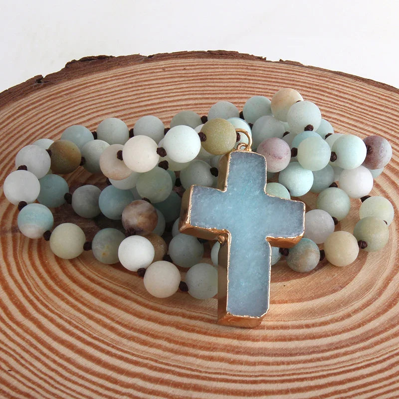 Rosary Cross Pendant Necklace in Green Natural Stones