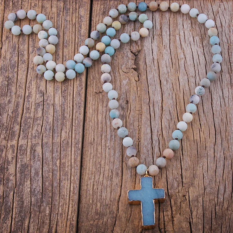Rosary Cross Pendant Necklace in Amazonite Natural Stones
