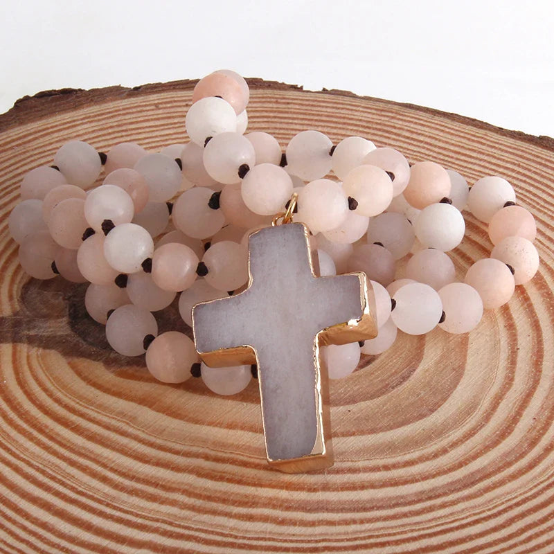 Rosary Cross Pendant Necklace in Beige Natural Stones
