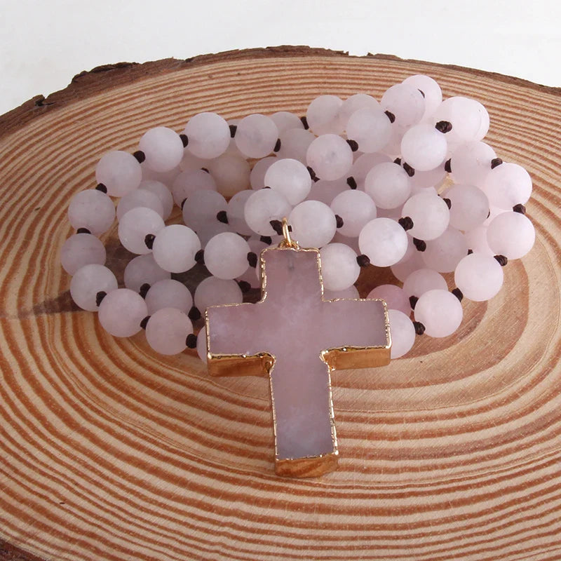 Rosary Cross Pendant Necklace in Pink Natural Stones