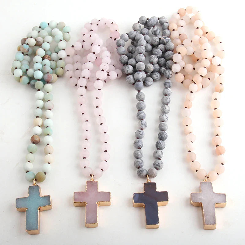 Rosary Cross Pendant Necklace in Beige Natural Stones