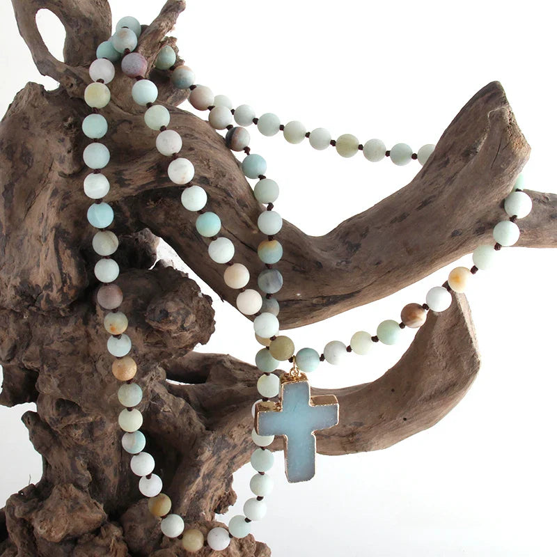 Rosary Cross Pendant Necklace in Amazonite Natural Stones