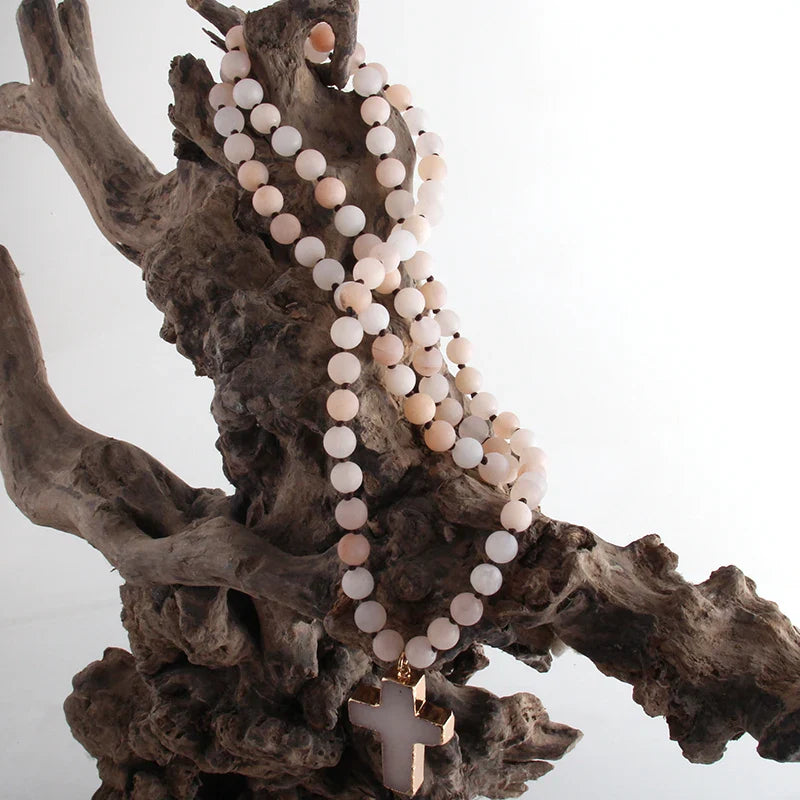 Rosary Cross Pendant Necklace in Beige Natural Stones