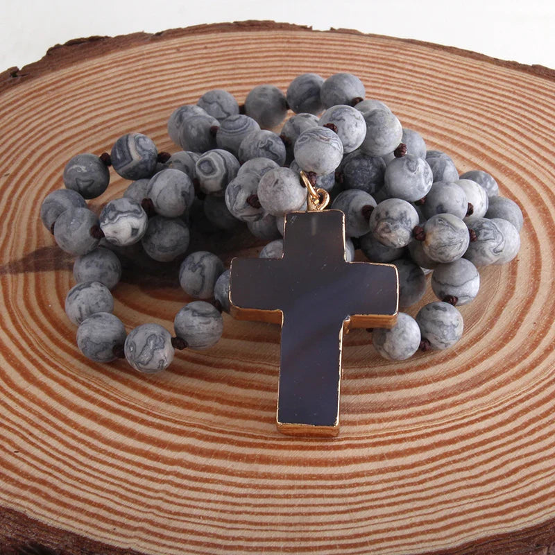 Rosary Cross Pendant Necklace in Grey Natural Stones