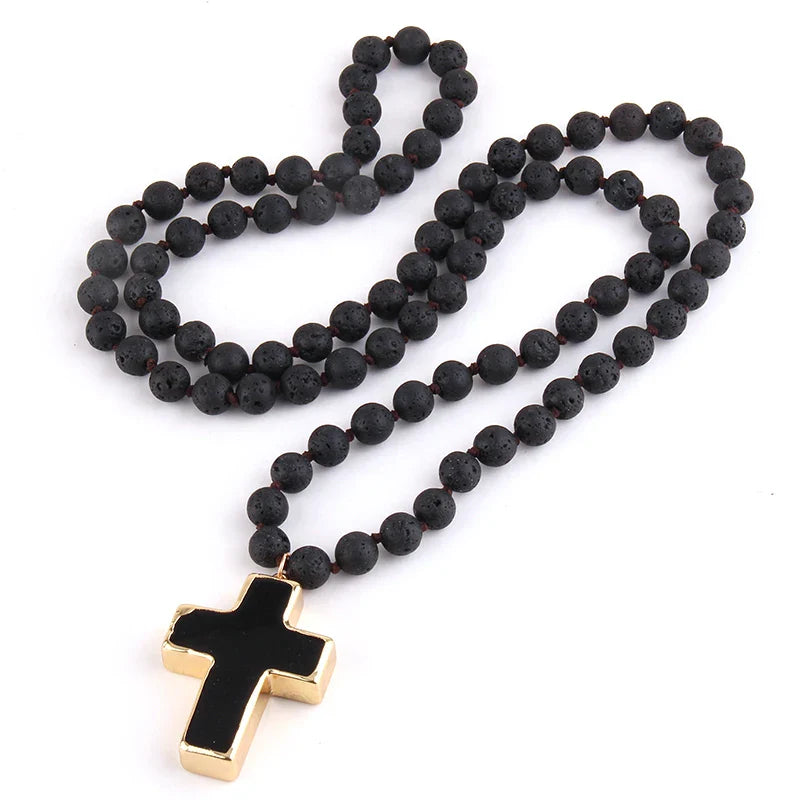 Rosary Cross Pendant Necklace in Lava Natural Stones