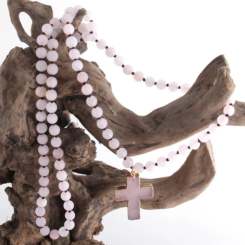 Rosary Cross Pendant Necklace in Pink Natural Stones
