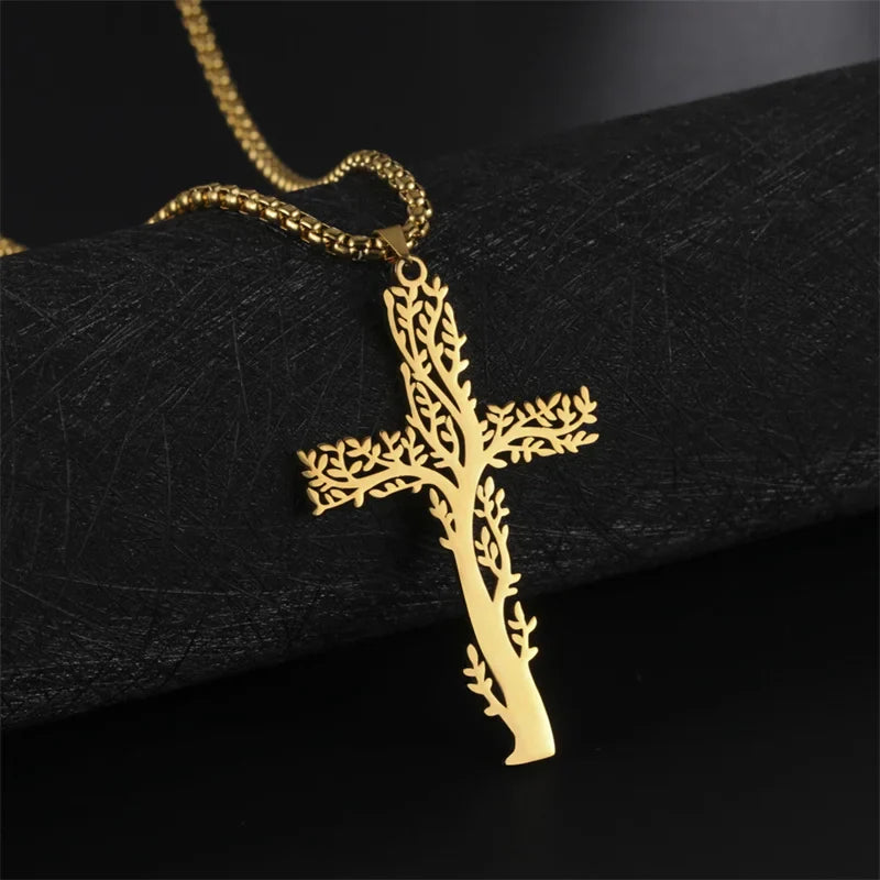 Tree of Life Necklace Cross Pendant Gold