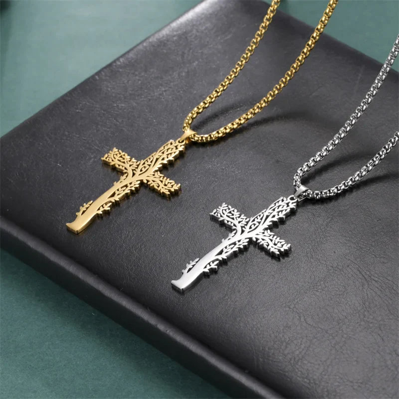 Tree of Life Necklace Cross Pendant Gold Silver