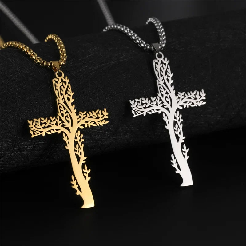 Tree of Life Necklace Cross Pendant Gold Silver