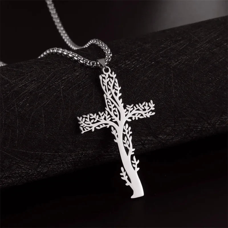 Tree of Life Necklace Cross Pendant Silver