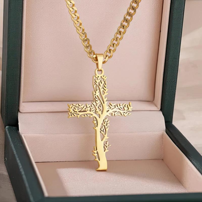 Tree of Life Necklace Cross Pendant for Women Gold