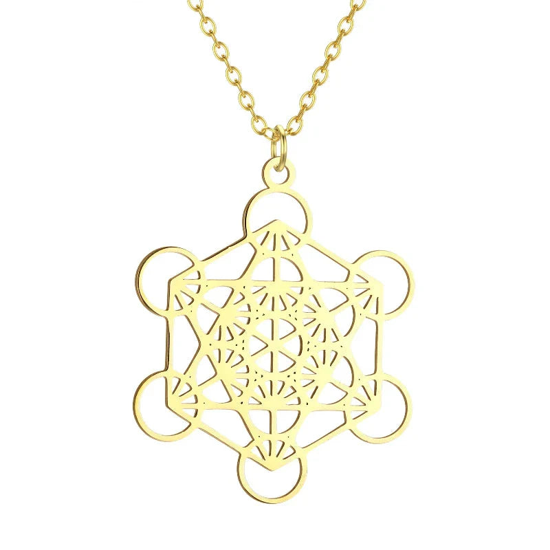 Necklace with Large Metatron's Cube Pendant Gold