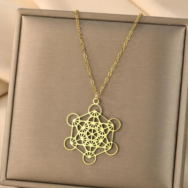 Necklace with Large Metatron's Cube Pendant Gold