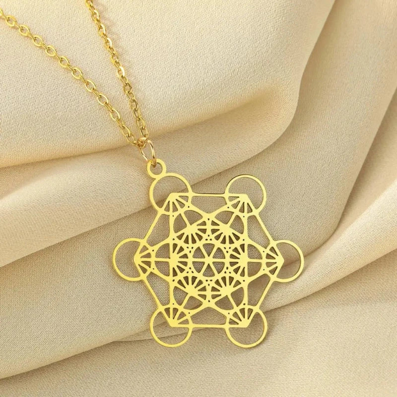 Necklace with Large Metatron's Cube Pendant Gold