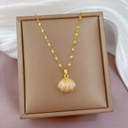 Shell Pendant Necklace with Scallop Shell, Rhinestones and Pearl
