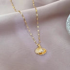 Shell Pendant Necklace with Scallop Shell, Rhinestones and Pearl