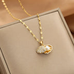 Shell Pendant Necklace with Scallop Shell, Rhinestones and Pearl