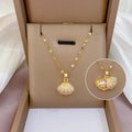 Shell Pendant Necklace with Scallop Shell, Rhinestones and Pearl