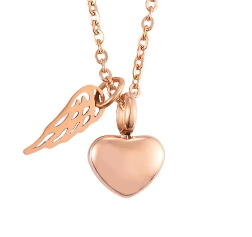 Urn necklace with angel wings and heart pendant rose gold