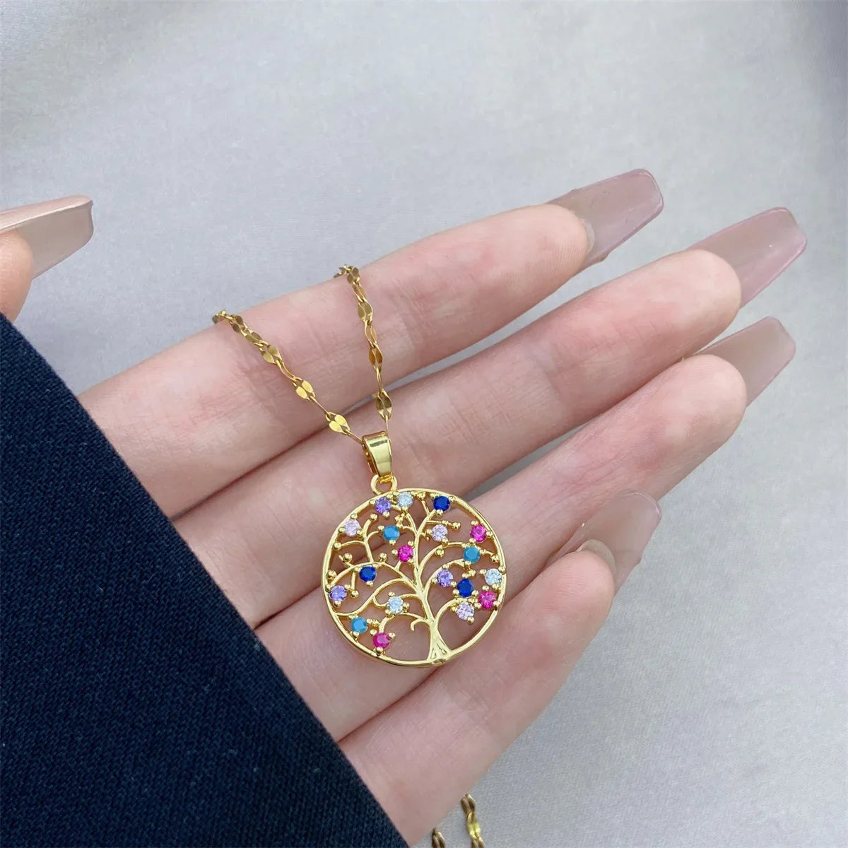 Necklace with Tree of Life Pendant with Multicolor Zircon