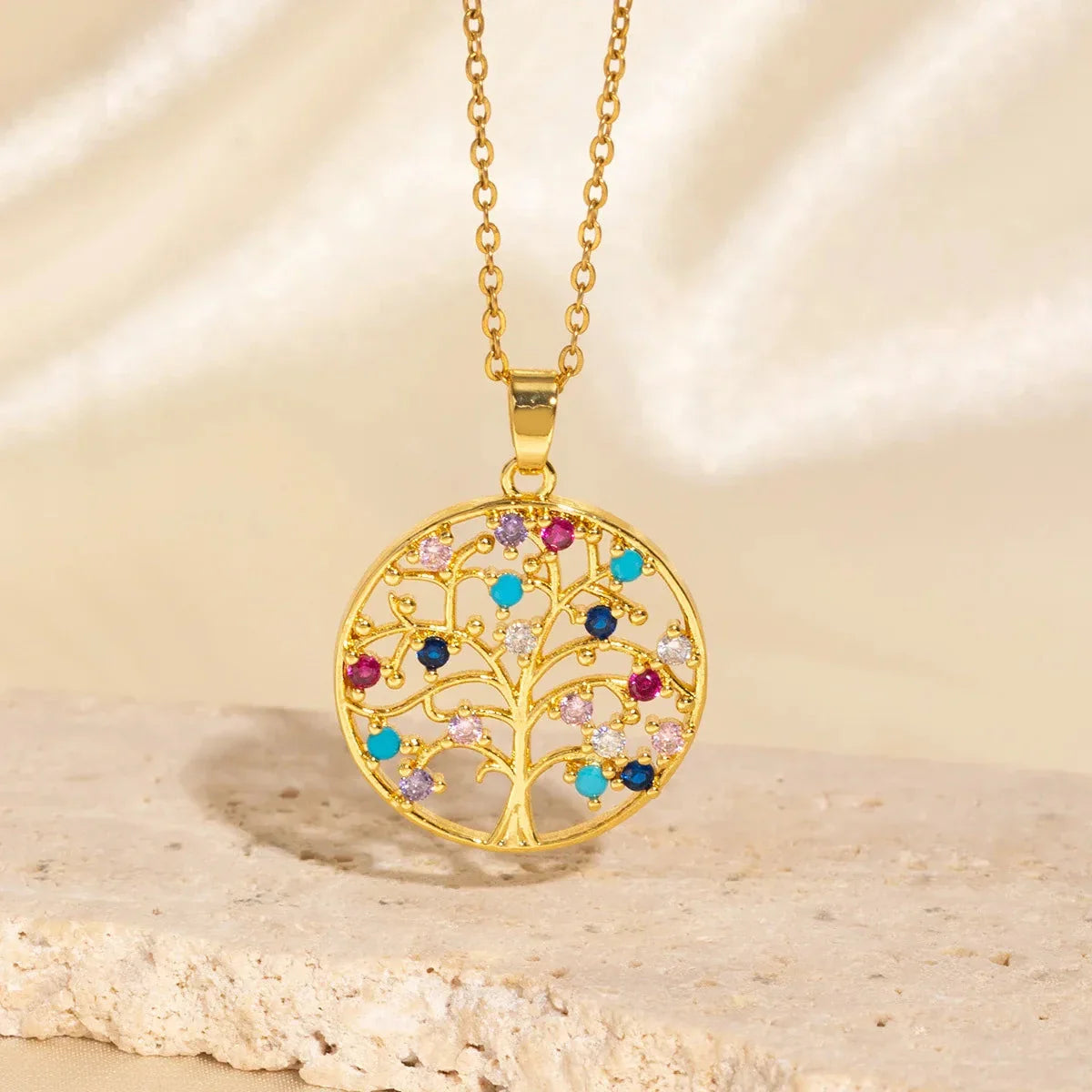 Necklace with Tree of Life Pendant with Multicolor Zircon
