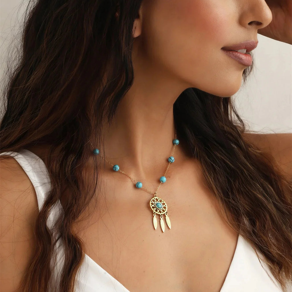 Dreamcatcher Pendant Necklace with Turquoise Beads