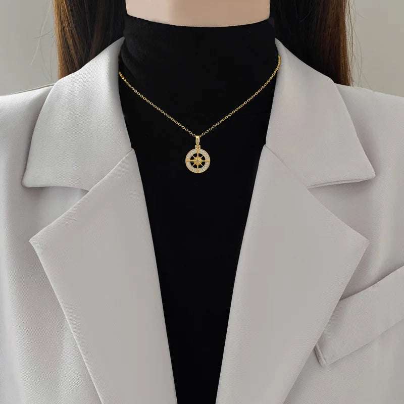 Necklace with Compass Pendant with Wind Rose Pink Zircon