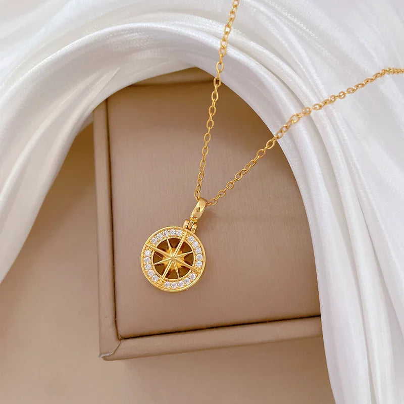 Necklace with Compass Pendant with Wind Rose Pink Zircon