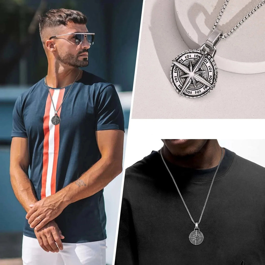 Men's Compass Rose Pendant Necklace in Silver