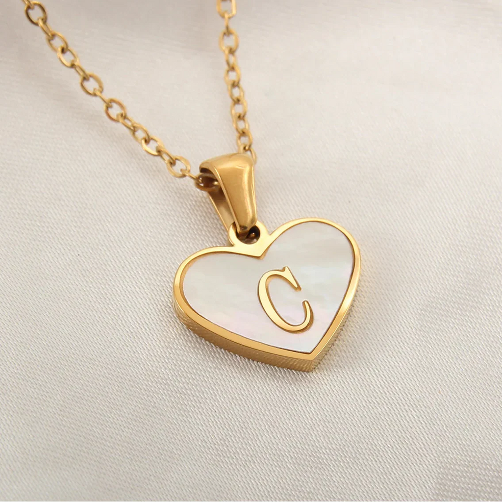 White heart pendant necklace initial c