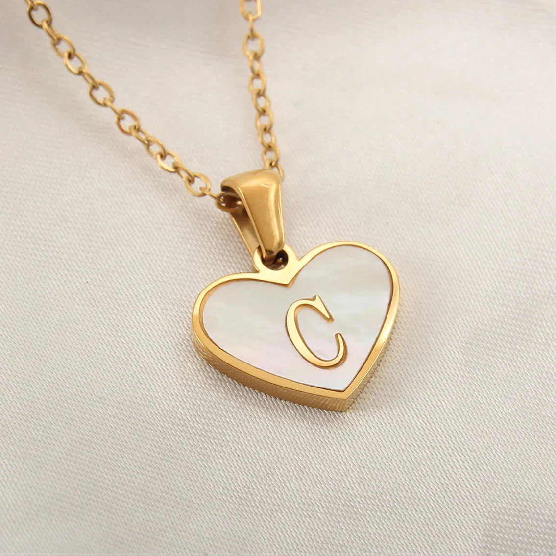 White heart pendant necklace initial c