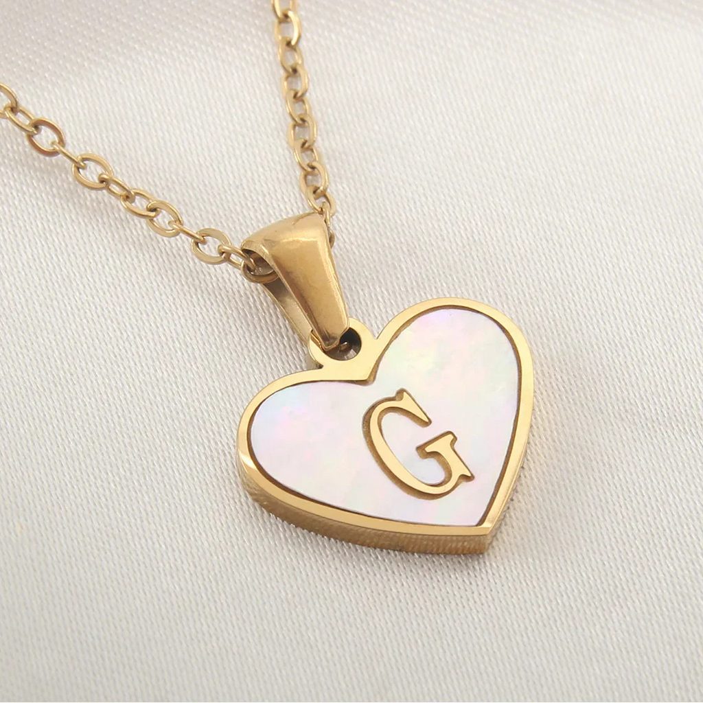 White heart pendant necklace initial g